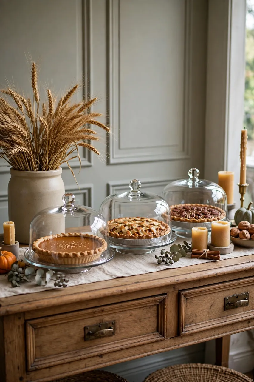A wooden sideboard displays Thanksgiving pies under glass domes, wheat decor, candles and autumn accents.
