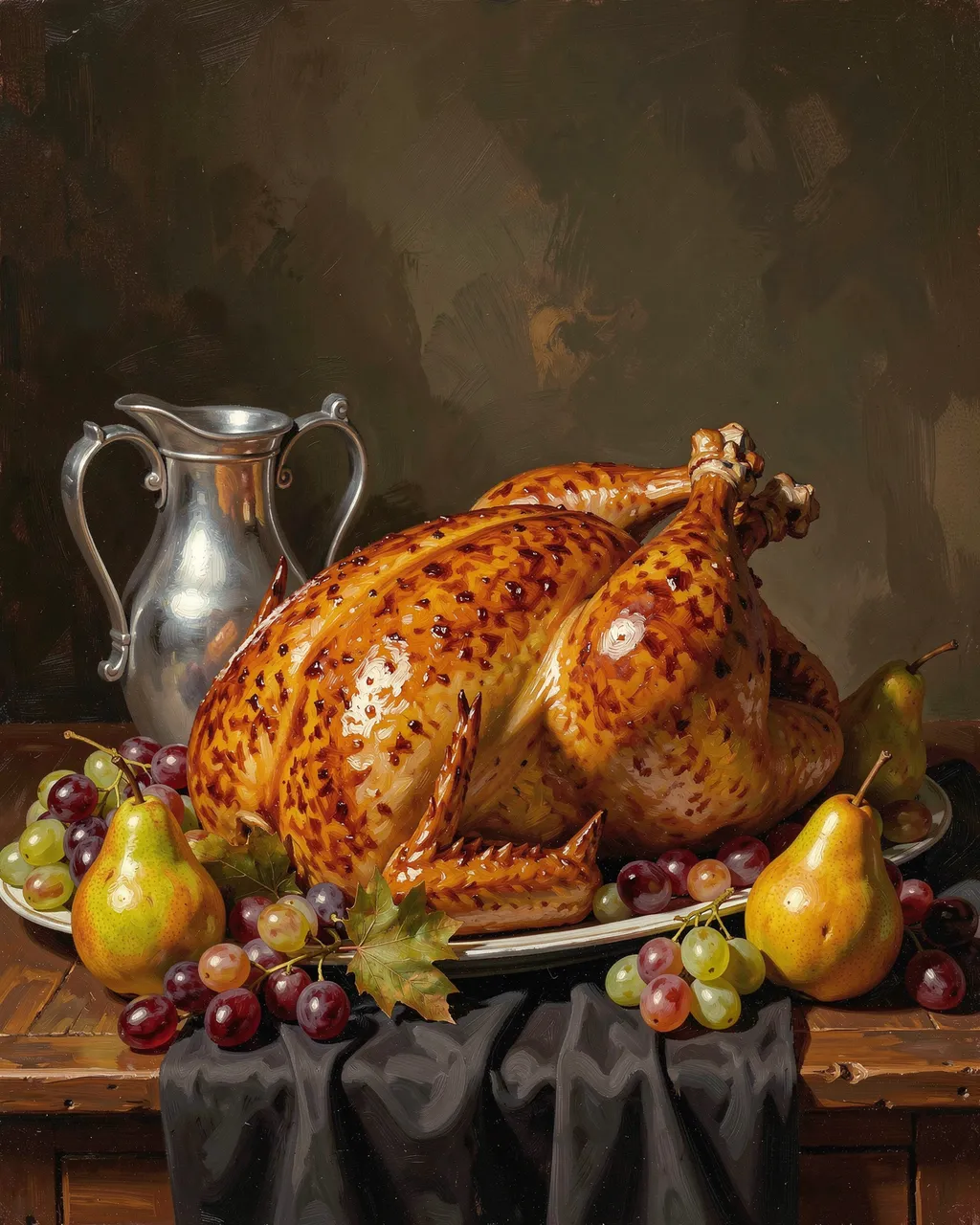 Oil painting of a roast turkey, mixed grapes, pears, and a pewter jug arranged on a dark cloth over wood