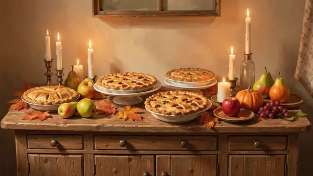 Warm painterly still life of pies, fruit, lit candles and fall leaves arranged on a rustic wooden sideboard