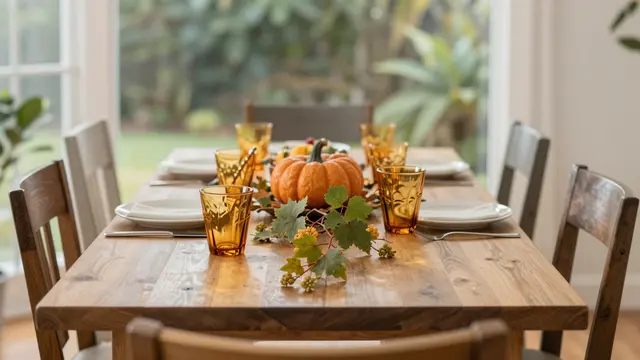 Set wooden dining table with amber tumblers, pumpkin, and grapevine decor in a bright sunroom