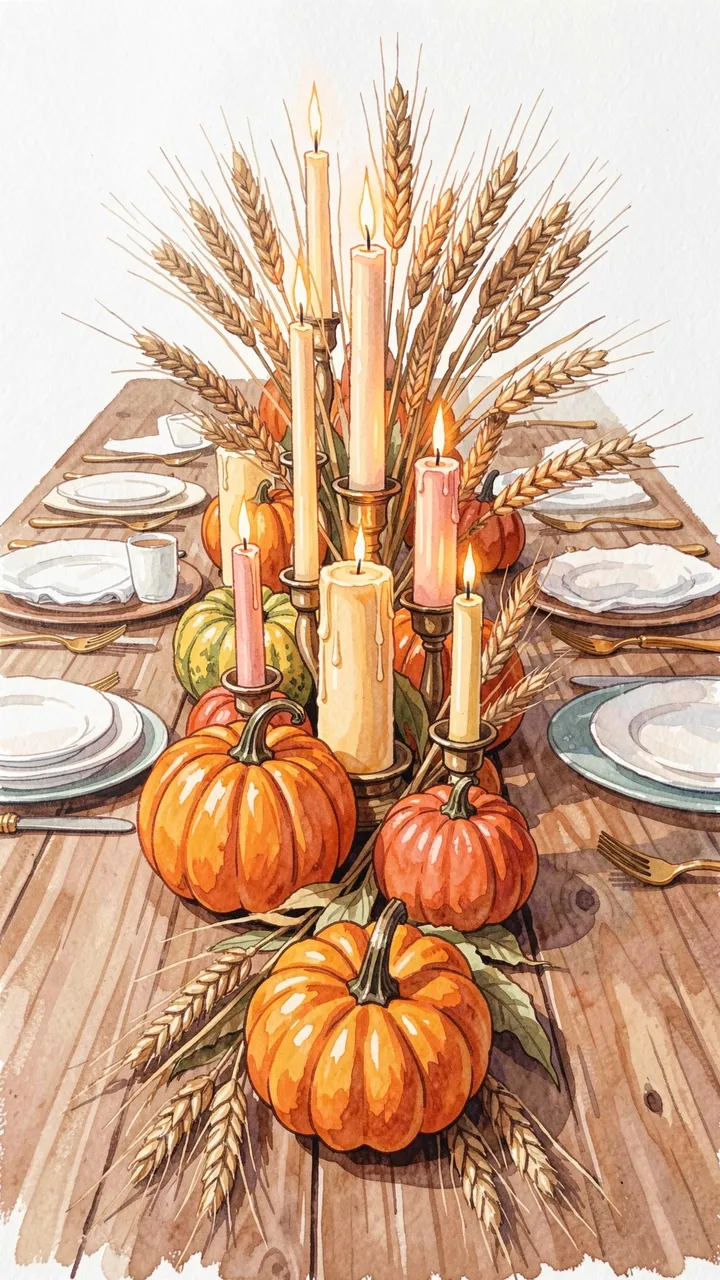 Gouache illustration of a Thanksgiving dining table with candles, gourds, dried wheat and place settings.