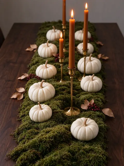Lit amber taper candles and mini white pumpkins arranged on a moss table runner over dark walnut wood