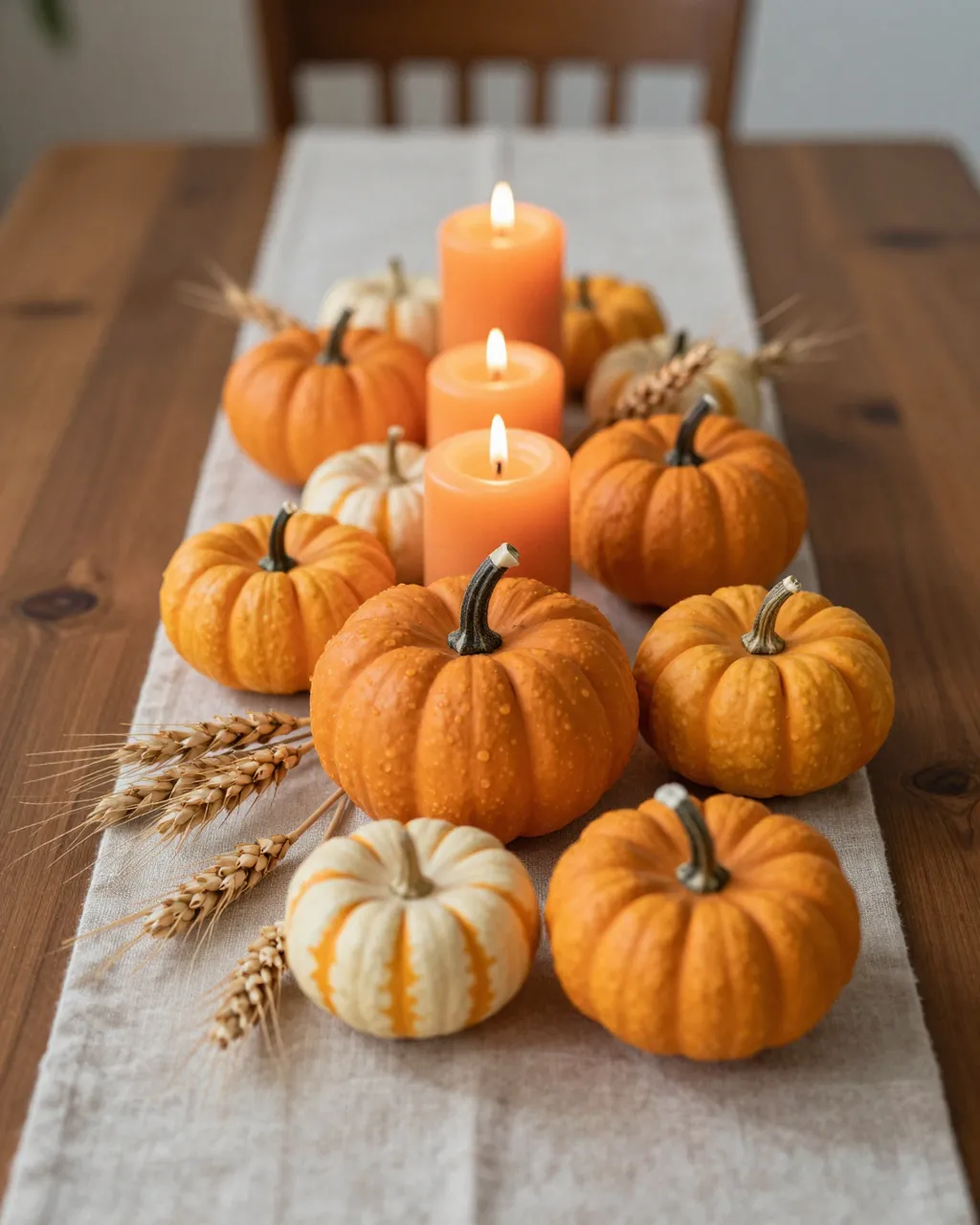 Lit orange candles, small pumpkins and dried wheat rest on a linen table runner over a wooden dining table