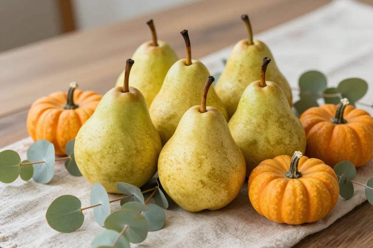 Arrangement of pears, small pumpkins and eucalyptus on a linen table runner atop a wooden table
