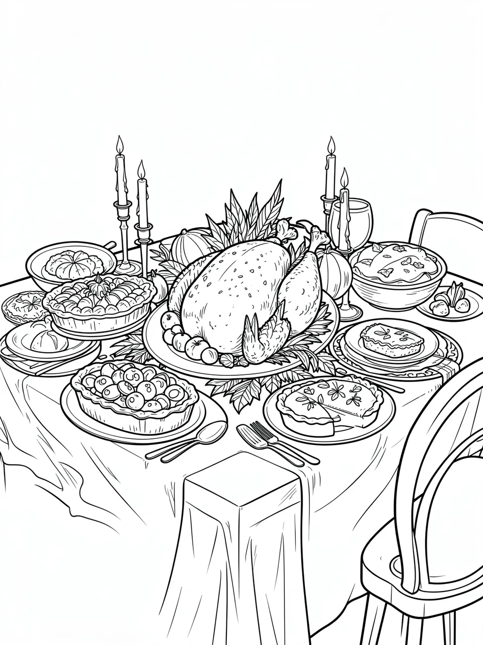 Black and white line art of a crowded Thanksgiving dinner table with roast turkey, pies, and candles.