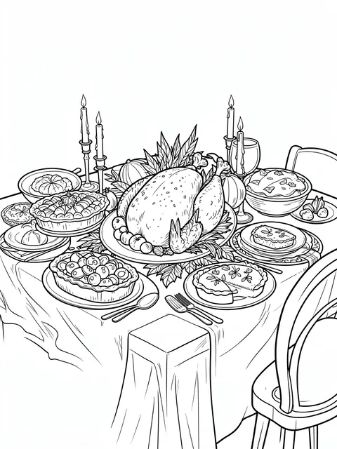 Black and white line art of a crowded Thanksgiving dinner table with roast turkey, pies, and candles.