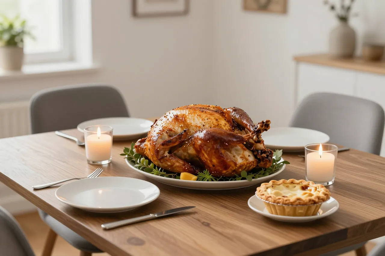 Set wooden apartment dining table holds roasted poultry, lit candles, a mini pie and empty plates for a small holiday meal