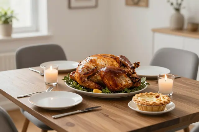 Set wooden apartment dining table holds roasted poultry, lit candles, a mini pie and empty plates for a small holiday meal