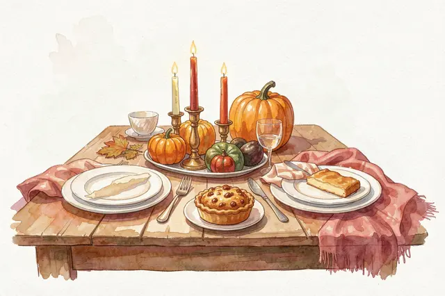 Watercolor illustration of a rustic Thanksgiving table set for two with candles, gourds, and pie