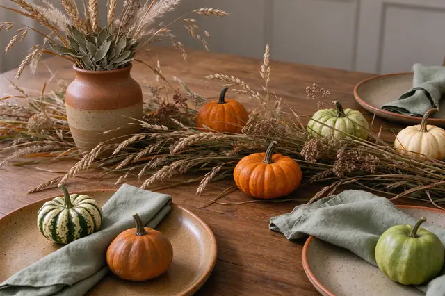 Terracotta and sage Thanksgiving table decor with stoneware plates, linen napkins, gourds and dried grasses on wood