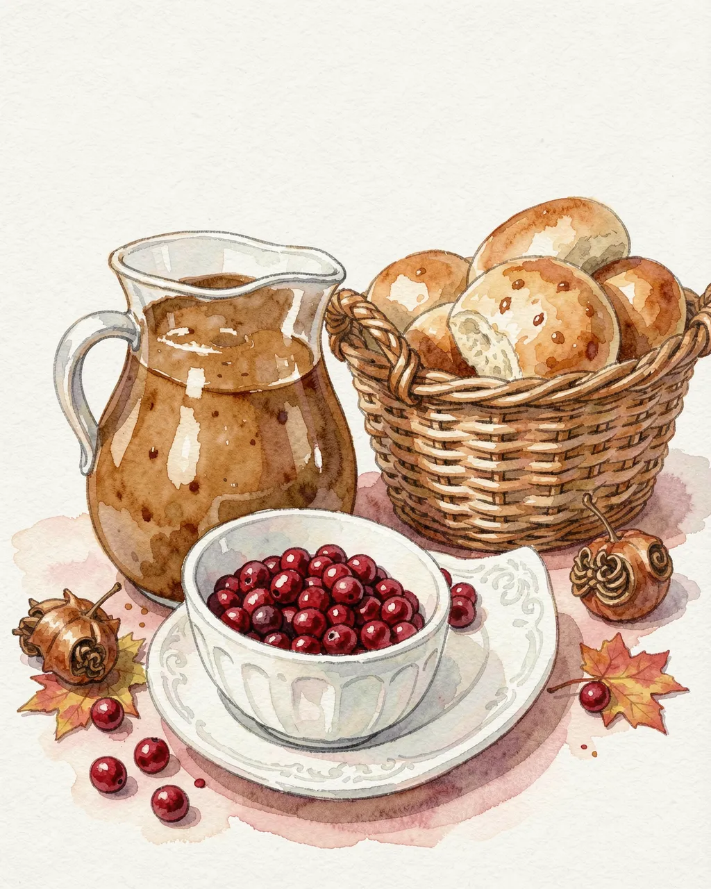 Watercolor illustration of a gravy pitcher, cranberry bowl, bread roll basket and small fall accents on a table surface