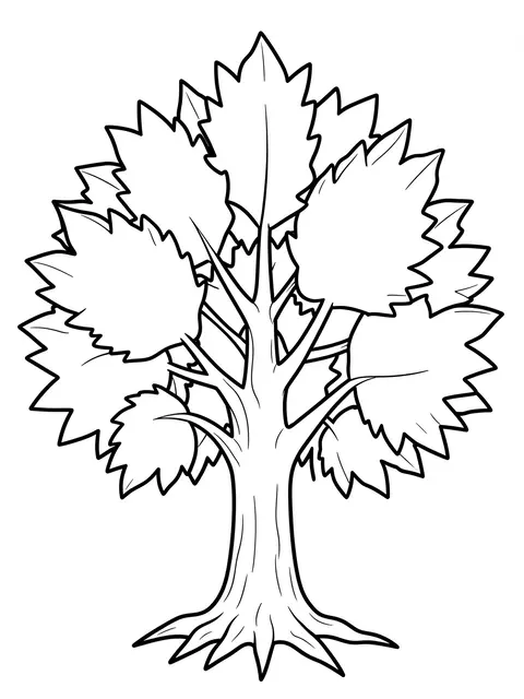 Black and white bold line art of a thankful tree with blank large maple-shaped leaves on a plain white background