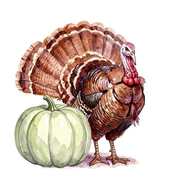 Watercolor illustration of a fanned Thanksgiving turkey standing next to a pale green pumpkin on a plain white background