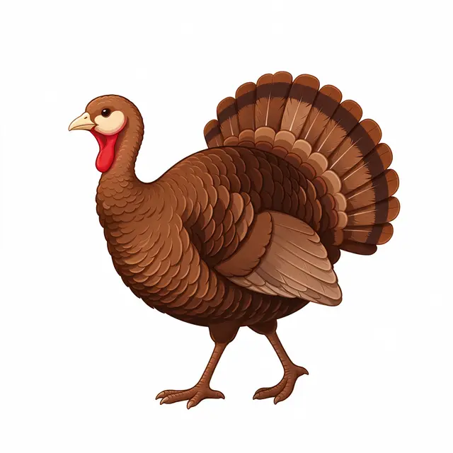 Side profile illustration of a brown Thanksgiving turkey with red wattle standing on a plain white background