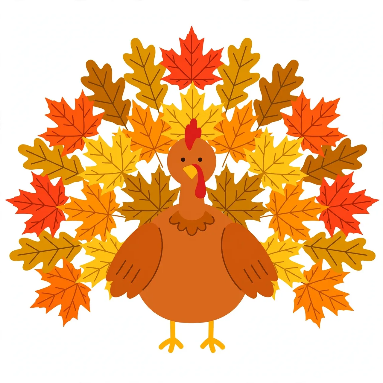 Flat clipart illustration of a Thanksgiving turkey with a fan tail made of maple and oak autumn leaves on a light background