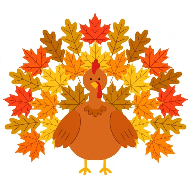 Flat clipart illustration of a Thanksgiving turkey with a fan tail made of maple and oak autumn leaves on a light background