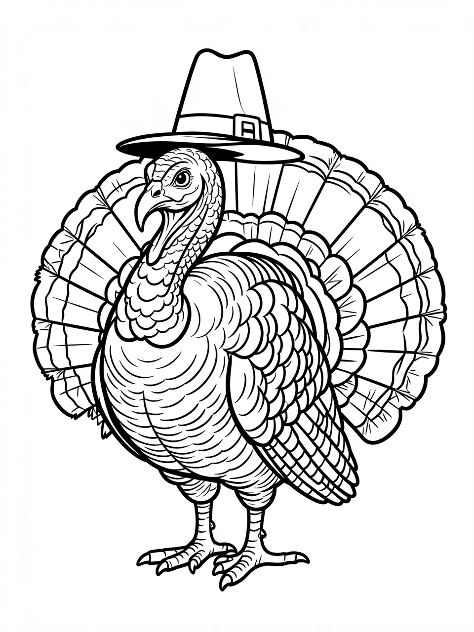 Black and white line art of a turkey wearing a pilgrim hat on a plain white background