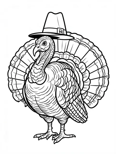 Black and white line art of a turkey wearing a pilgrim hat on a plain white background