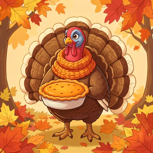 A cartoon turkey wearing a knitted scarf holds a pumpkin pie surrounded by autumn maple leaves