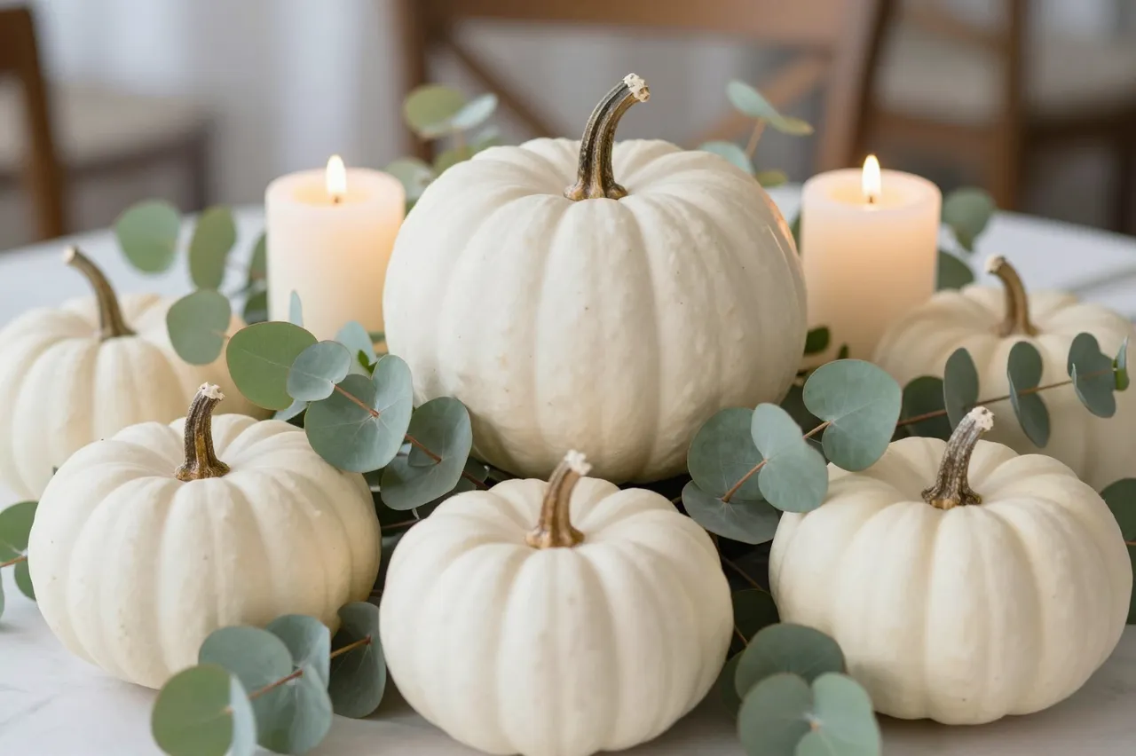 A tabletop Thanksgiving centerpiece of white pumpkins, eucalyptus sprigs and lit cream taper candles.