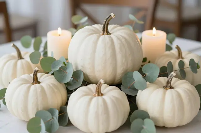 A tabletop Thanksgiving centerpiece of white pumpkins, eucalyptus sprigs and lit cream taper candles.