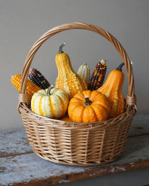 A wicker basket filled with mini pumpkins, gourds and ornamental corn sits on a weathered wooden bench