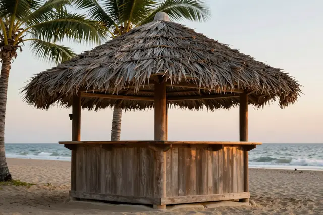 Wooden thatched beach bar hut sits on a sandy ocean shore beneath palm trees at soft sunset