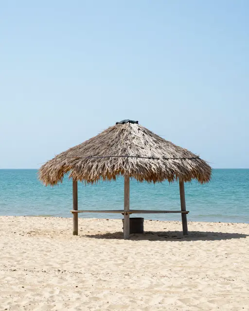 A straw thatched beach shelter stands on light sand next to turquoise ocean under a clear bright midday sky