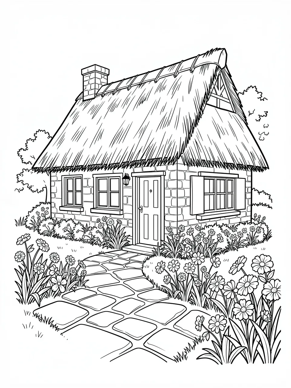 Black and white line art of a thatched stone cottage with a stone path and flower garden on a white background