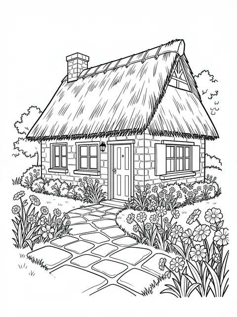 Black and white line art of a thatched stone cottage with a stone path and flower garden on a white background