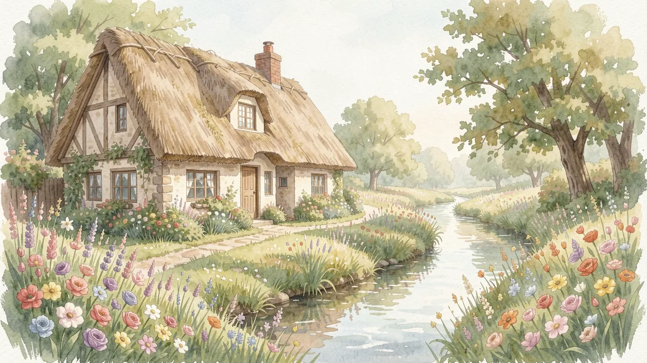 Soft watercolor illustration of a half-timbered thatched cottage beside a calm stream surrounded by blooming summer flowers