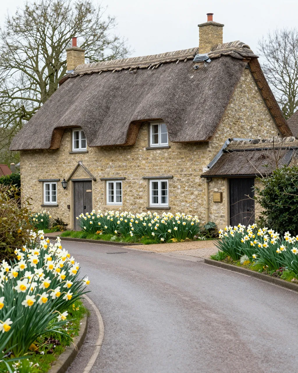 Stone thatched cottage framed by blooming daffodils along a quiet damp village road on an overcast spring day