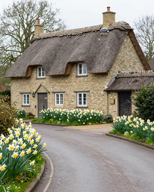 Stone thatched cottage framed by blooming daffodils along a quiet damp village road on an overcast spring day