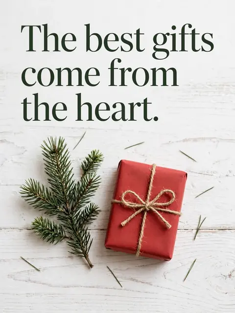 Flat lay of a red wrapped gift and pine sprig on white wood with the quote "The best gifts come from the heart."