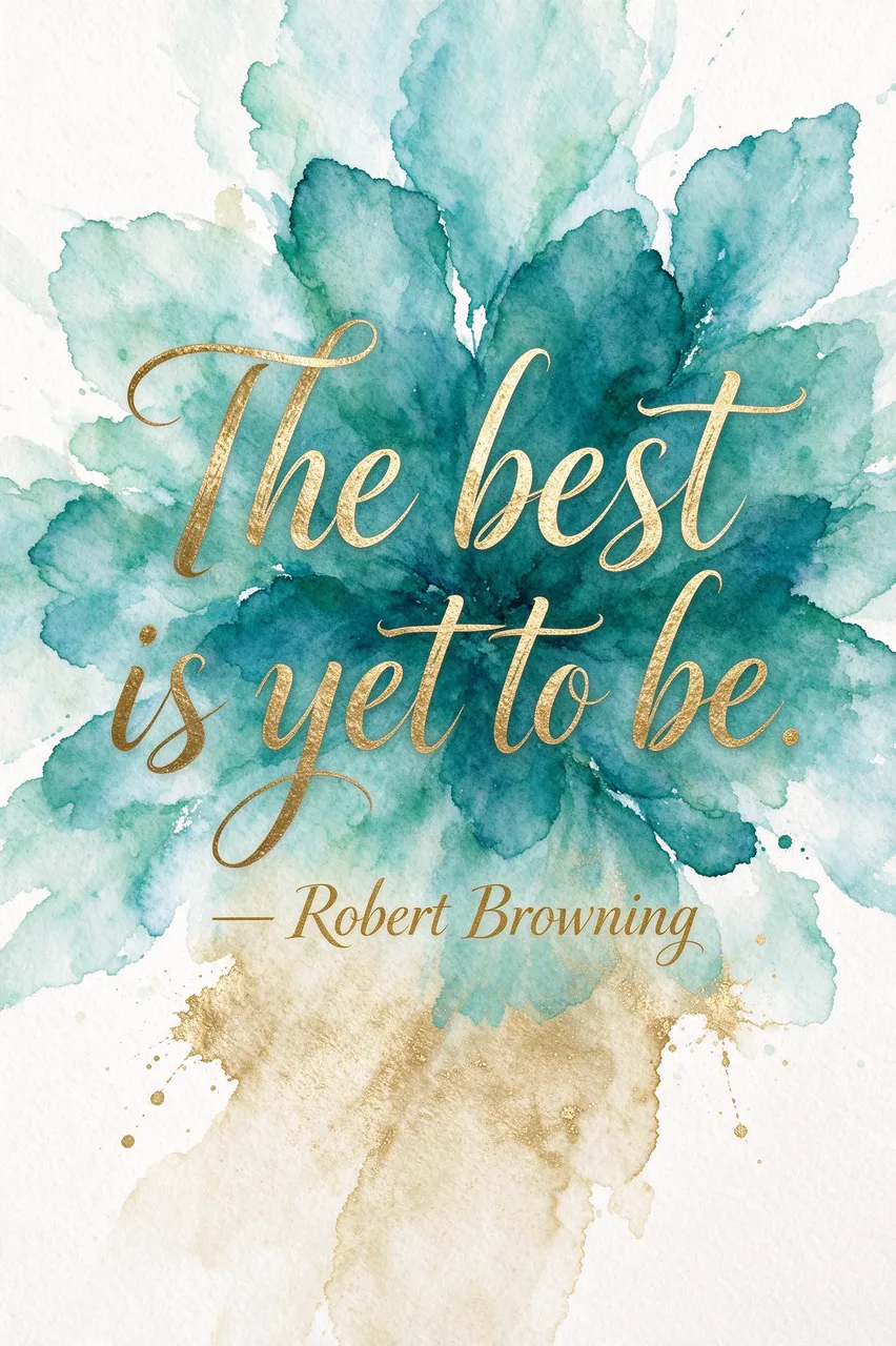 Gold script lettering displaying "The best is yet to be. — Robert Browning" over a teal and gold watercolor wash background