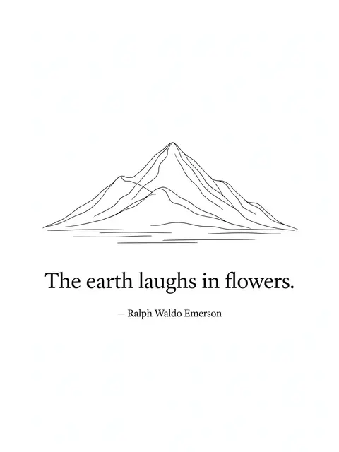 Minimalist black line drawing of a mountain above the quote "The earth laughs in flowers. — Ralph Waldo Emerson" on a pale