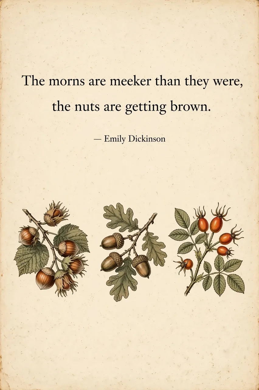 Vintage botanical illustration with Emily Dickinson quote on warm cream aged paper above hazelnut, acorn and rose hip