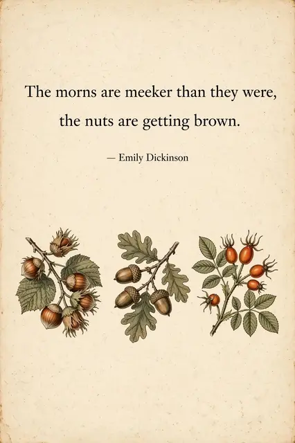 Vintage botanical illustration with Emily Dickinson quote on warm cream aged paper above hazelnut, acorn and rose hip
