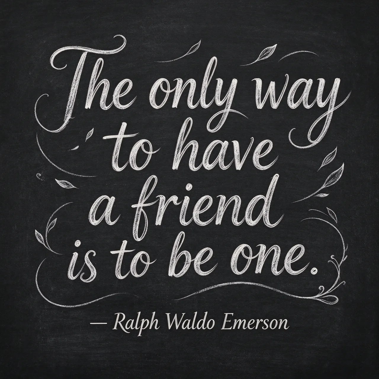 White chalk hand lettering quote on a dark chalkboard that reads "The only way to have a friend is to be one. — Ralph Waldo