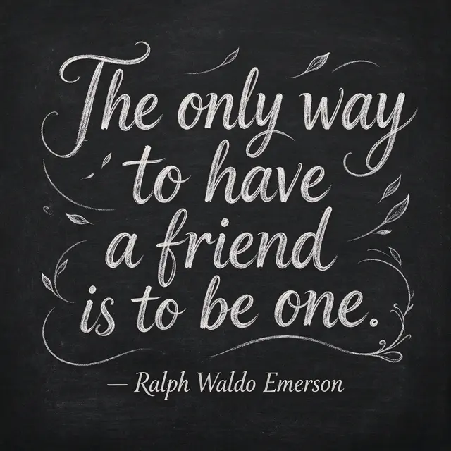 White chalk hand lettering quote on a dark chalkboard that reads "The only way to have a friend is to be one. — Ralph Waldo
