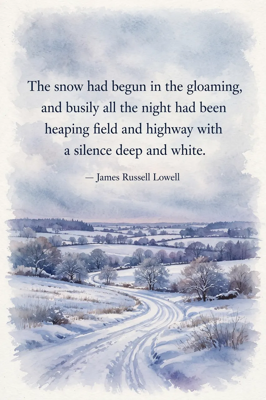 Watercolor winter landscape of a snow-covered country road with the James Russell Lowell quote in dark serif type