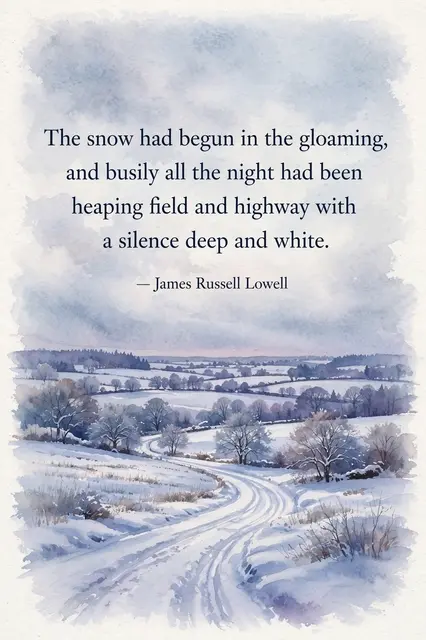 Watercolor winter landscape of a snow-covered country road with the James Russell Lowell quote in dark serif type