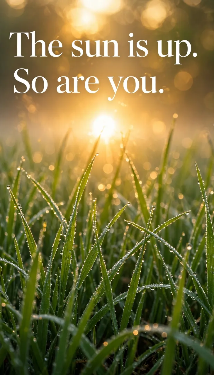 Dew-covered green grass glows in low golden sunrise light with the text "The sun is up. So are you." overlaid in white serif