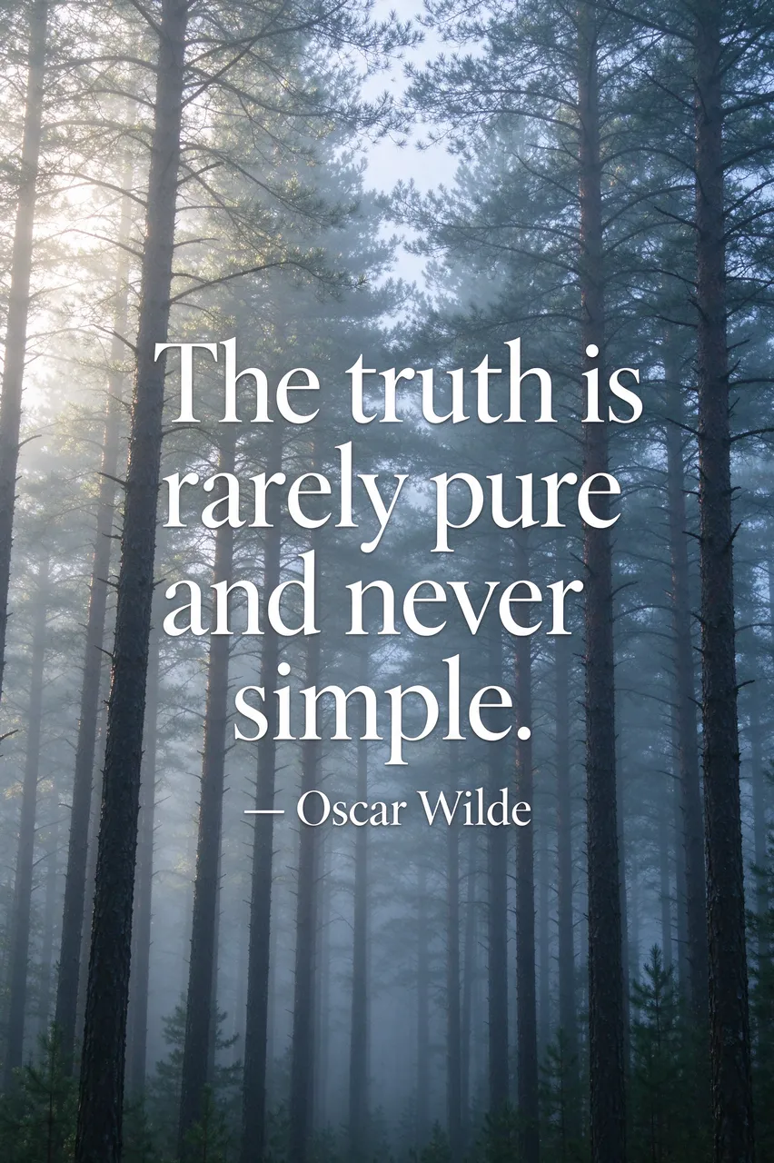 White serif quote "The truth is rarely pure and never simple. — Oscar Wilde" over a misty morning pine forest