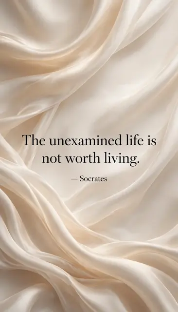 Black serif quote "The unexamined life is not worth living. — Socrates" over flowing champagne and ivory silk waves