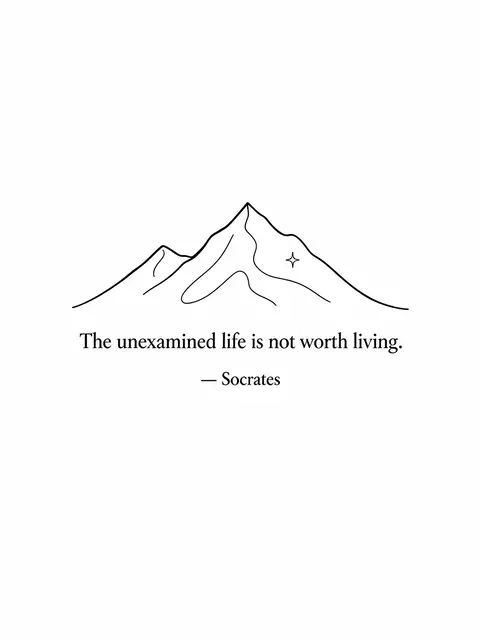 Minimalist black line art mountain above the quote "The unexamined life is not worth living. — Socrates" on a white