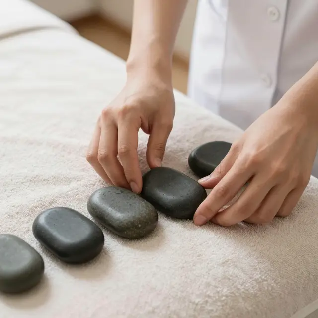 A massage therapist places smooth hot stones on a plush towel atop a treatment table