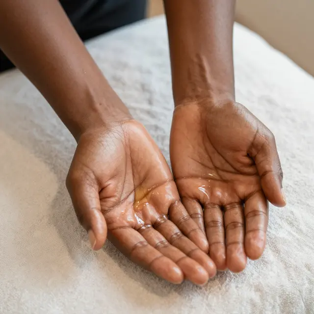 Close-up of a Black massage therapist's outstretched palms holding warm oil above a white towel
