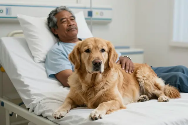 Calm golden retriever lies on a hospital bed next to an elderly Pacific Islander patient during a therapy visit