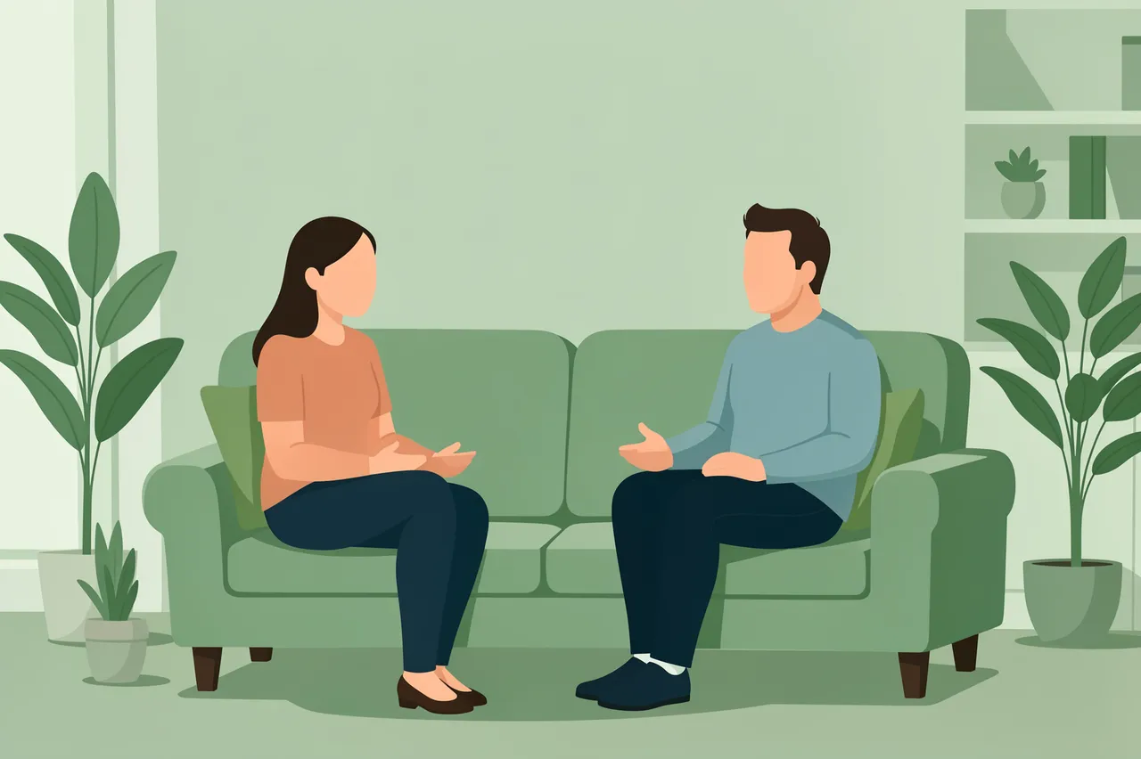 Two faceless adults sit on a sage green sofa during a calm therapy consultation in a plant-filled office
